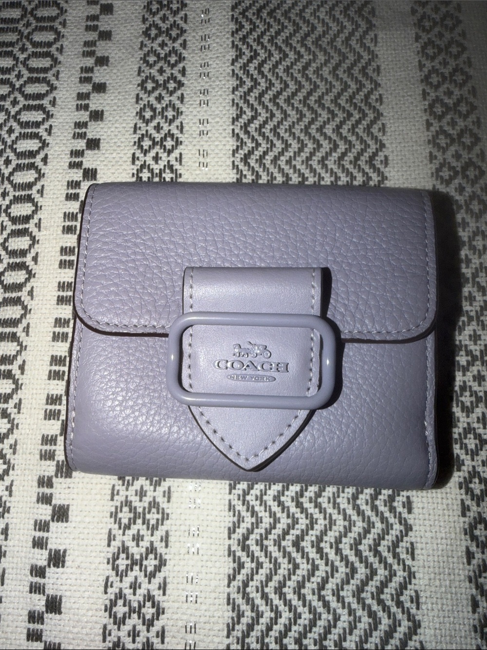 COACH Lilac Pebbled Leather Compact Wallet with Buckle Accent